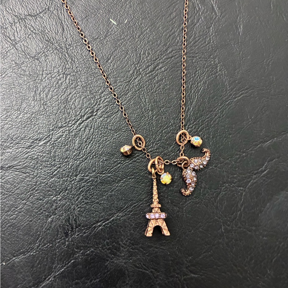 Crystal Eiffel Tower Charm Necklace - Rose Gold Tone
